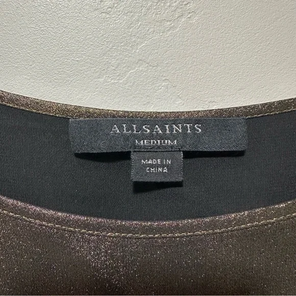 All Saints Lerin Pleated Metallic Maxi Dress, asymmetrical hem, Size Med, Y2K - Picture 4 of 5